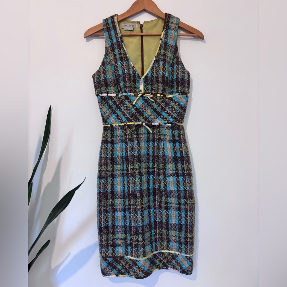 Kay Unger New York Tweedy Dress Sleeveless size 4 blue Green Brown Vintage
